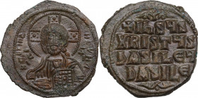 Basil II ( 976-1025) to Constantine VIII (1025-1028). AE Anonymous Follis (Class A 2). Constantinople mint. Obv. Facing bust of Christ Pantokrator. Re...