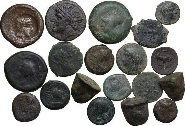 Greek Sicily. Lot of nineteen (19) unclassified AE coins, different denomination...