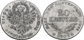 Austria. Franz II/I (1792-1805-1835). AR 20 Kreuzer 1809, Hall in Tirol mint. Herinek 824.. 6.61 g. 27.00 mm. Good VF. The last coin minted in Hall.