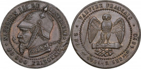 France. Napoleon III (1852-1870). AE Satiric medal, 1870. Obv. Head left, helmeted. Rev. Owl standing facing on canon, wings open. Schulze 25. AE. 5.9...