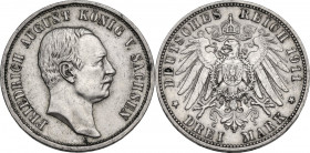 Germany, Sachsen. Friedrich August III (1904-1918). AR 3 Mark, Muldenhütten mint, 1911. Obv. Head of Freidrich August right. Rev. Imperial eagle. AR. ...