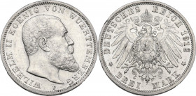Germany. Wuerttemberg. Wilhelm II (1888-1918). AR 3 Mark, Suttgart mint, 1912. Obv. Head of Wilhelm right. Rev. Imperial eagle. AR. 16.64 g. 33.00 mm....