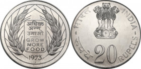 India. Republic. AR 20 Rupees, 1973-B, FAO issue - Grow More Food,. KM 240. AR. 29.90 g. 44.00 mm. Brilliant and attractive. PROOF.