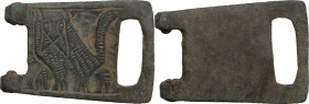 Bronze belt fastening with an engraving of an animal (fox or wolf).Medieval.36x25 mm.