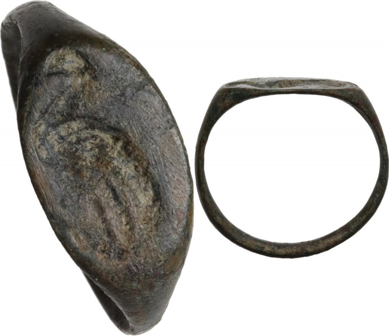 Bronze ring with seal stamp depicting a standing bird. Balkanic. Inner diameter:...