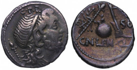 151 a.C.. Cornelia. Roma. Denario. Ag. 3,92 g. Busto diademado del Genio del pueblo romano a derecha con cetro sobre su espalda, encima G P R. /Globo ...