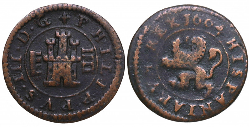 1604. Felipe III (1598-1621). Segovia. 4 Maravedís. A&C 238. Cu. 2,23 g. BC+. Es...