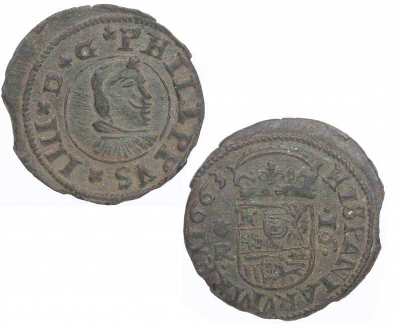 1663. Felipe IV (1621-1665). Coruña. 16 Maravedís. R. A&C 453. Ve. 3,93 g. Bonit...