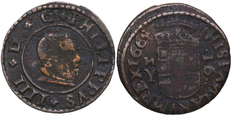 1664. Felipe IV (1621-1665). Madrid. 16 Maravedís. Y. A&C 481. Ve. 3,77 g. BC+. ...