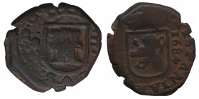 1684. Carlos II (1665-1700). Coruña. 2 Maravedís. A&C 68. Cu. 5,68 g. MUY buen ejemplar para el tipo. Datos muy completos. BC+. Est.60.