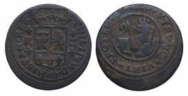 1718. Felipe V (1700-1746). Barcelona. 2 Maravedís. A&C 52. 4,24 g. Algo descentrada. MBC-. Est.30.
