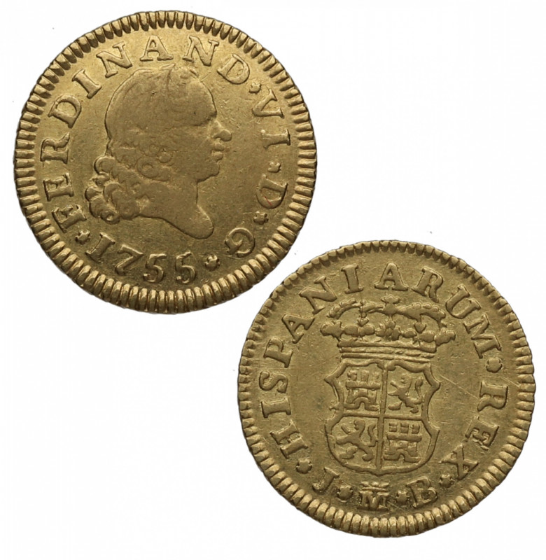 1755. Fernando VI (1746-1759). Madrid. 1/2 escudo. JB. A&C 558. Au. 1,77 g. Atra...