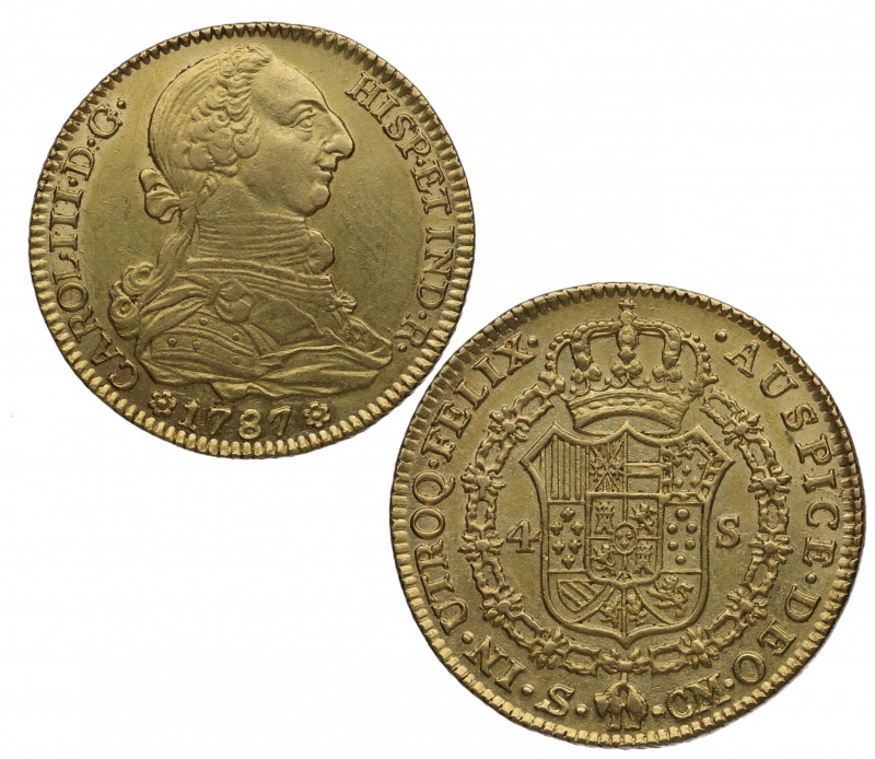 1787. Carlos III (1759-1788). Sevilla. 4 escudos. CM. A&C 1902. Au. 13,52 g. Bel...