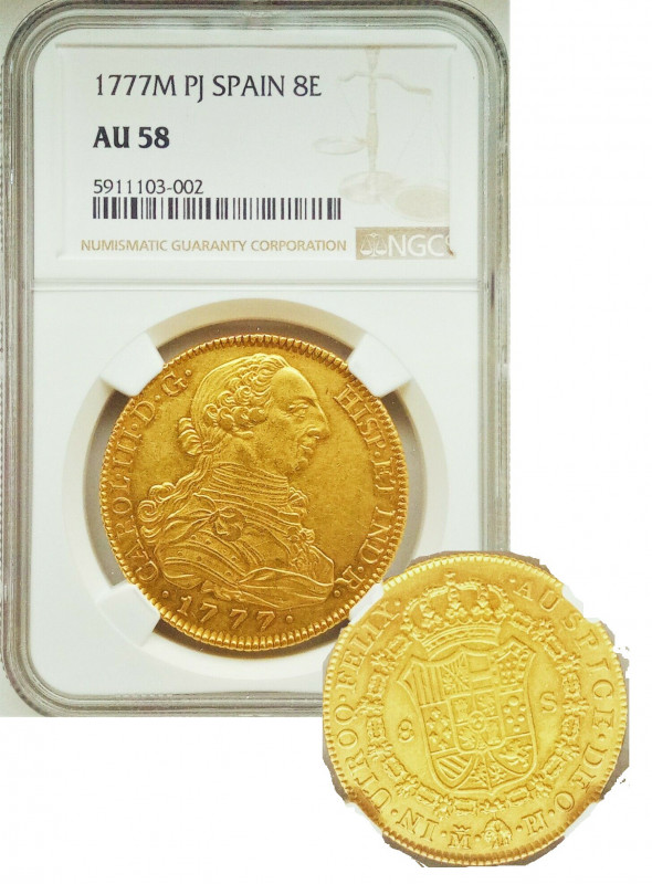 1777. Carlos III (1759-1788). Madrid. 8 escudos. PJ. A&C 764. Au. Bella. NGC AU ...