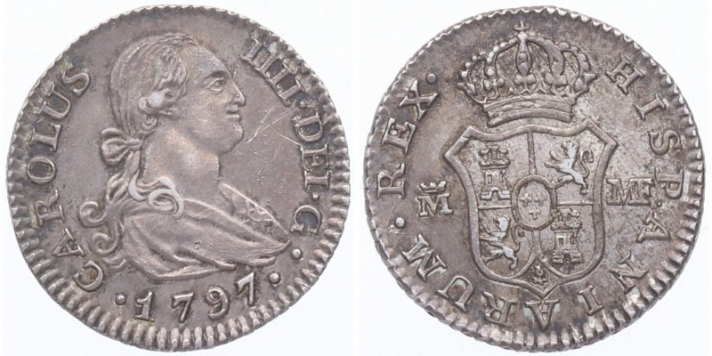 1797. Carlos IV (1788-1808). Madrid. 1/2 Real. MF. A&C 259. Ag. 1,37 g ESCASA. E...