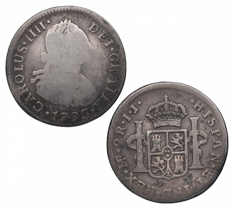1793. Carlos IV (1788-1808). Lima. 2 Reales. IJ. A&C 575. Ag. 6,18 g. BC+. Est.3...