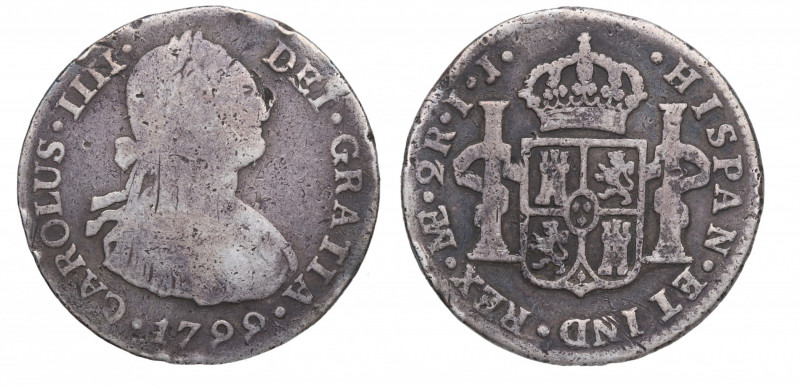 1799. Carlos IV (1788-1808). Lima. 2 Reales. IJ. A&C 582. Ag. 6,45 g. BC+. Est.6...