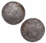 1801. Carlos IV (1788-1808). Lima. 8 reales. IJ. A&C 919. Ag. 26,94 g. Atractiva. Marquitas de acuñación en anverso y reverso. EBC / MBC+. Est.130.