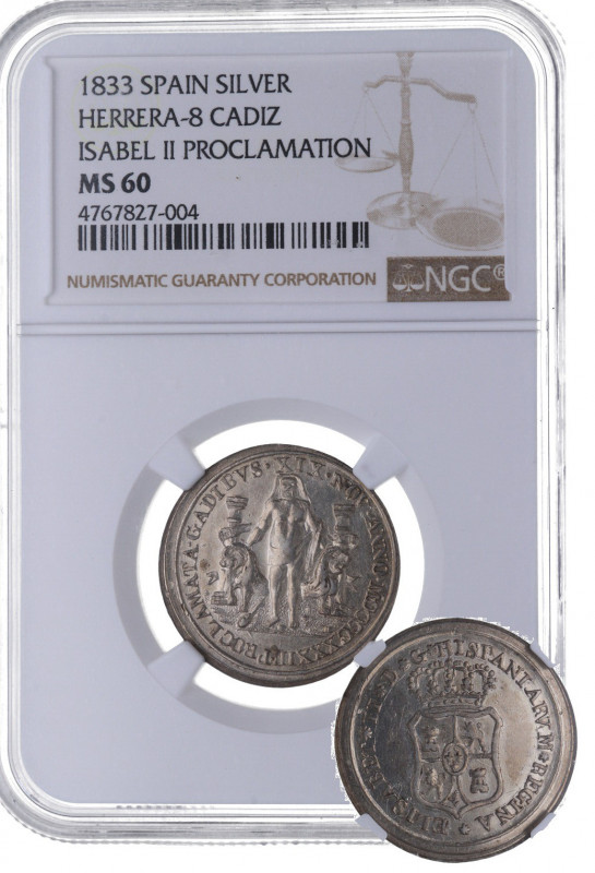 1833. Isabel II (1833-1868). Cádiz. Proclamación. Ag. Encapsulada por NGC en MS ...