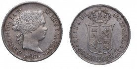1867. Isabel II (1833-1868). Madrid. 40 céntimos de escudo. A&C 502. Ag. 5,18 g. Atractiva. EBC+ / EBC. Est.70.