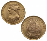 1859. Isabel II (1833-1868). Barcelona. 100 reales. A&C 770. Au. 8,37 g. Bella. Brillo original. Insignificantes marquitas. SC- / SC. Est.450.
