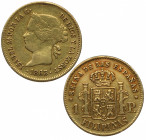 1863. Isabel II (1833-1868). Manila. 1 peso. A&C 823. Au. 1,68 g. Atractiva. MBC+ / EBC-. Est.300.
