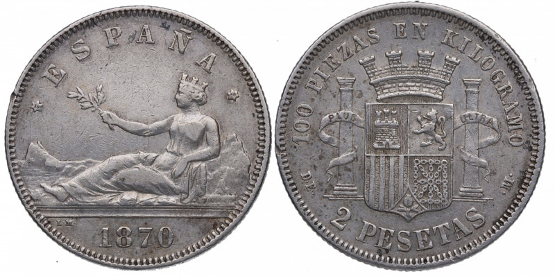1870*74. I República (1868-1871, 1873-1874). Madrid. 2 Pesetas. DEM. A&C 31. Ag....
