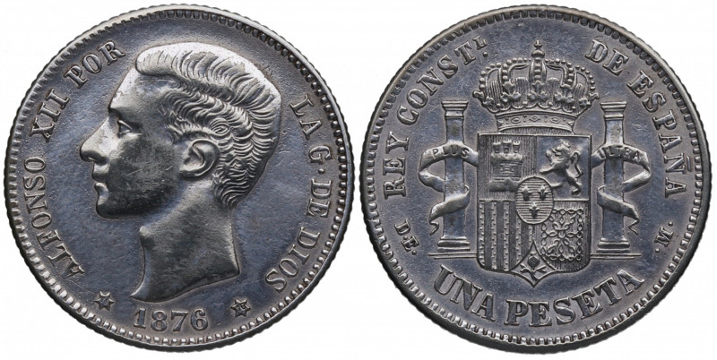 1876*76. Alfonso XII (1874-1885). Madrid. 1 Peseta. DEM. A&C 15. Ag. 4,86 g. Lim...