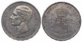 1878*78. Alfonso XII (1874-1885). 5 Pesetas. DEM. A&C 39. Ag. 24,94 g. Ligerísima limpieza. EBC-. Est.60.