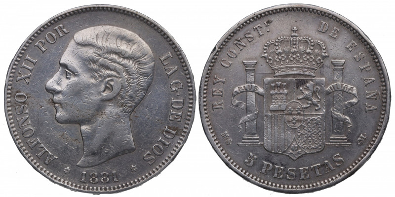 1881*81. Alfonso XII (1874-1885). 5 Pesetas. MSM. A&C 48. Ag. 25,04 g. Año escas...