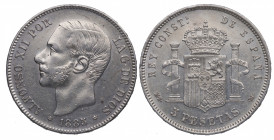 1885*85. Alfonso XII (1874-1885). 5 Pesetas. MSM. A&C 59. Ag. 25,00 g. MBC+. Est.80.