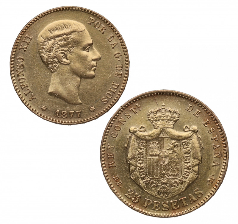 1877*77. Alfonso XII (1874-1885). Madrid . 25 pesetas. DEM. A&C 68. Au. 8,10 g. ...