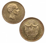 1877*77. Alfonso XII (1874-1885). Madrid . 25 pesetas. DEM. A&C 68. Au. 8,10 g. Brillo original. Marquitas. Segunda estrella ligeramente floja. EBC+. ...