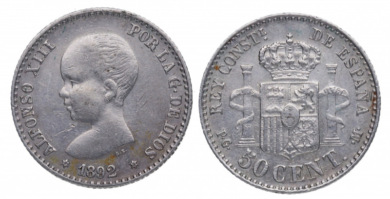 1892*92. Alfonso XIII (1886-1931). Madrid. 50 céntimos. PGM. A&C 28. Ag. 2,50 g....