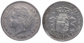 1894*94. Alfonso XIII (1886-1931). Madrid. 50 céntimos. PGV. A&C 43. Ag. 2,50 g. Atractiva. EBC. Est.30.