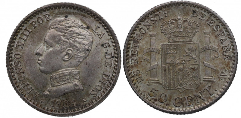 1904*04. Alfonso XIII (1886-1931). Madrid. 50 Céntimos. SMV. A&C 46. Ag. EBC+ / ...