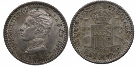 1904*04. Alfonso XIII (1886-1931). Madrid. 50 Céntimos. SMV. A&C 46. Ag. EBC+ / EBC. Est.30.