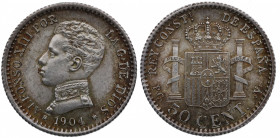1904*10. Alfonso XIII (1886-1931). Madrid. 50 Céntimos. PCV. A&C 47. Ag. EBC+ / EBC. Est.30.