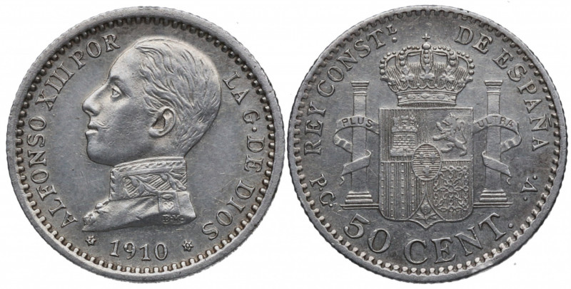 1910*10. Alfonso XIII (1886-1931). Madrid. 50 Céntimos. PCV. A&C 48. Ag. EBC+ / ...