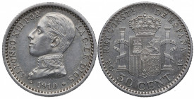 1910*10. Alfonso XIII (1886-1931). Madrid. 50 Céntimos. PCV. A&C 48. Ag. EBC+ / EBC. Est.30.