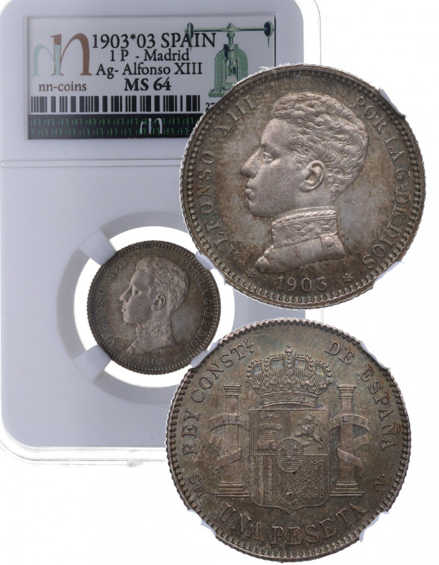 1903*03. Alfonso XIII (1886-1931). Madrid. 1 Peseta. SMV. A&C 67. Ag. Encapsulad...