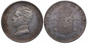 1905*05. Alfonso XIII (1886-1931). 2 Pesetas. SMV. A&C 88. Ag. 10,02 g. EBC+. Est.30.