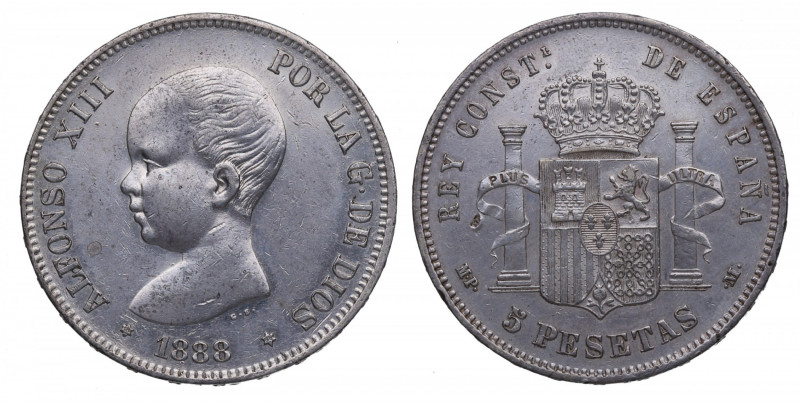 1888*88. Alfonso XIII (1886-1931). 5 Pesetas. MPM. A&C 92. Ag. 25,00 g. Marquita...
