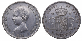 1888*88. Alfonso XIII (1886-1931). 5 Pesetas. MPM. A&C 92. Ag. 25,00 g. Marquitas, pero bella acuñación. EBC. Est.120.