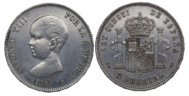1890*90. Alfonso XIII (1886-1931). 5 Pesetas. PGM. A&C 95. Ag. 25,00 g. Ligera limpieza. EBC- / MBC+. Est.60.