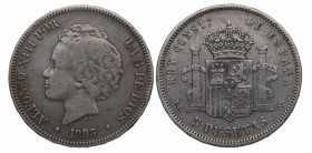 1893*93. Alfonso XIII (1886-1931). 5 Pesetas. PGV. A&C 103. Ag. 24,84 g. MBC / MBC+. Est.50.