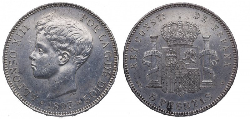 1897*97. Alfonso XIII (1886-1931). 5 Pesetas. SGV. A&C 107. Ag. 25,06 g. Marquit...