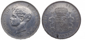 1897*97. Alfonso XIII (1886-1931). 5 Pesetas. SGV. A&C 107. Ag. 25,06 g. Marquitas y raya en anverso. EBC-. Est.70.