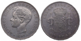 1897. Alfonso XIII (1886-1931). Filipinas. 1 Peso. SGV. A&C 122. Ag. 25,06 g. EBC- / MBC+. Est.100.