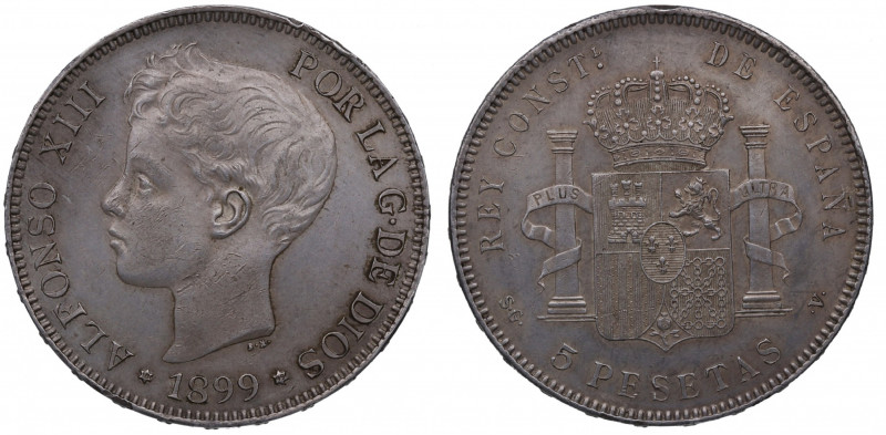 1899*99. Alfonso XIII (1886-1931). Madrid. 5 Pesetas. SGV. A&C 110. Ag. 25,20 g....